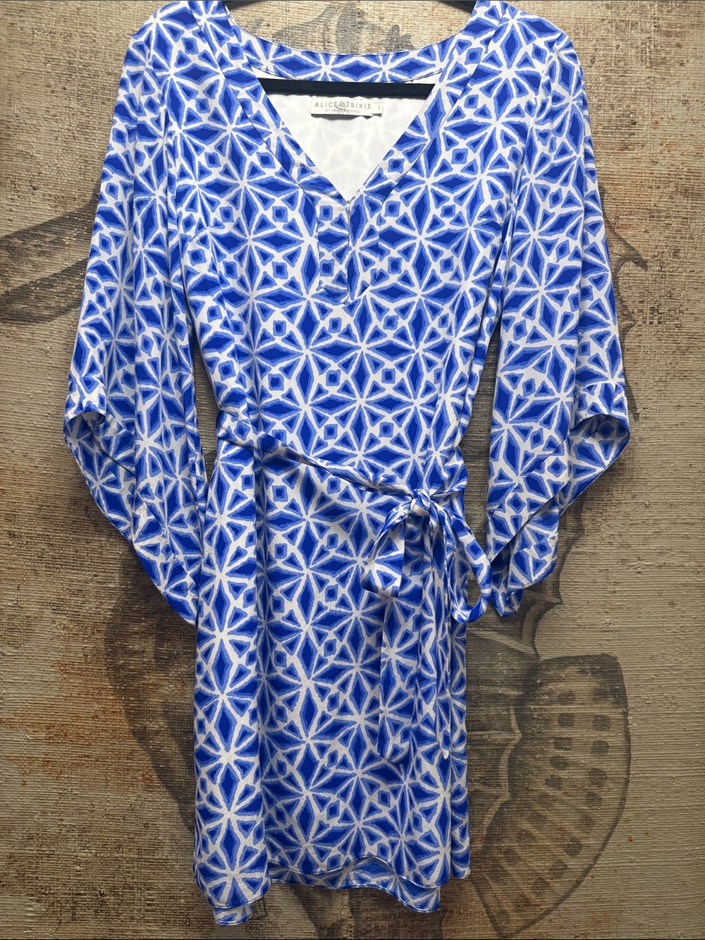 Alice & Trixie by Angela George 100% Silk Blue White Geometric Dress Size S